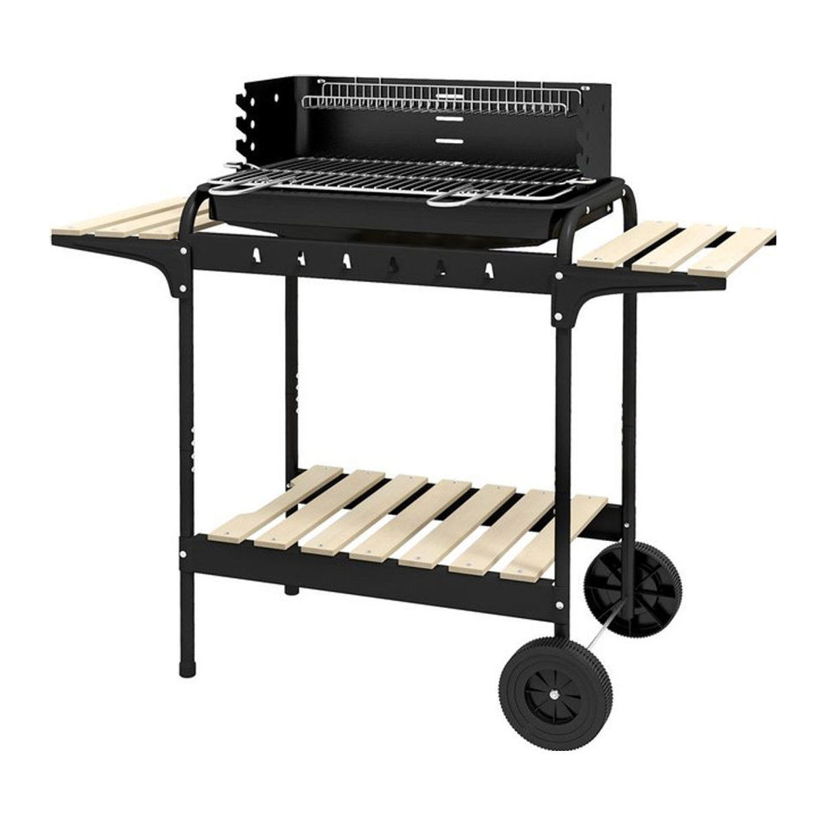 Aosom Outsunny Holzkohlegrill BBQ Smoker aus Metall und Kiefer mit Rädern und Holzablage, Schwarz/Natur, B/T/H: 103 x 47 x 95 cm - Bild 1