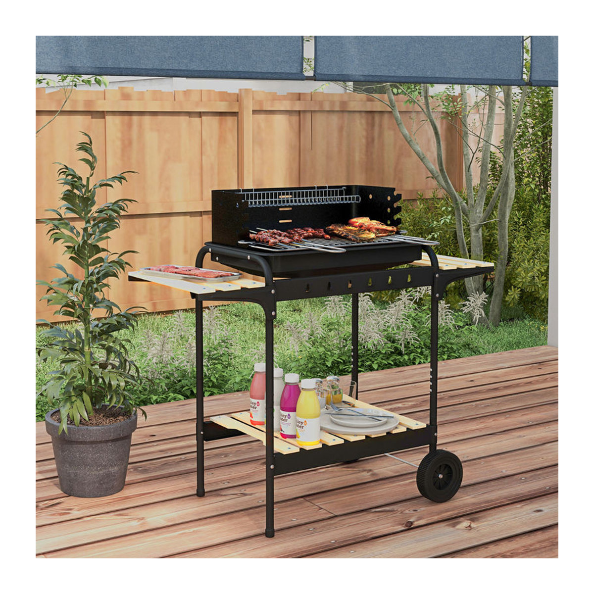 Aosom Outsunny Holzkohlegrill BBQ Smoker aus Metall und Kiefer mit Rädern und Holzablage, Schwarz/Natur, B/T/H: 103 x 47 x 95 cm - Bild 2