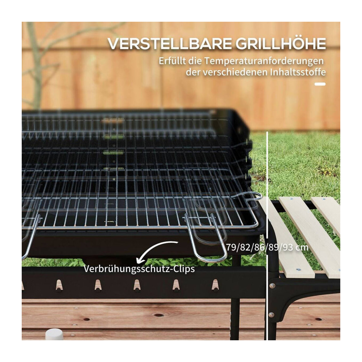 Aosom Outsunny Holzkohlegrill BBQ Smoker aus Metall und Kiefer mit Rädern und Holzablage, Schwarz/Natur, B/T/H: 103 x 47 x 95 cm - Bild 3