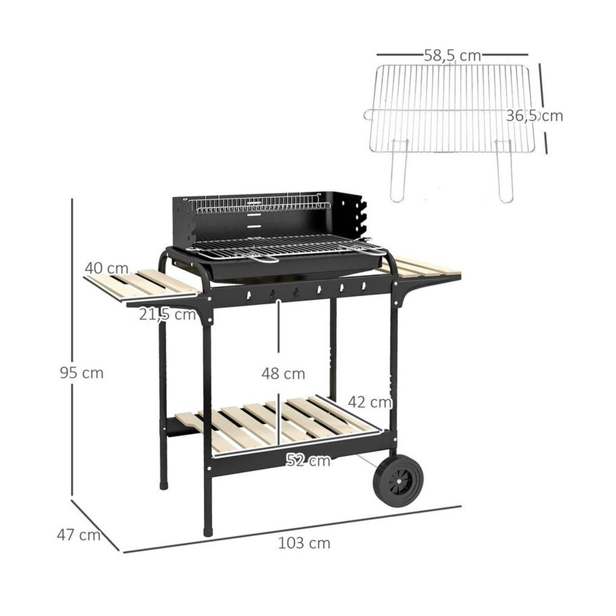 Aosom Outsunny Holzkohlegrill BBQ Smoker aus Metall und Kiefer mit Rädern und Holzablage, Schwarz/Natur, B/T/H: 103 x 47 x 95 cm - Bild 4