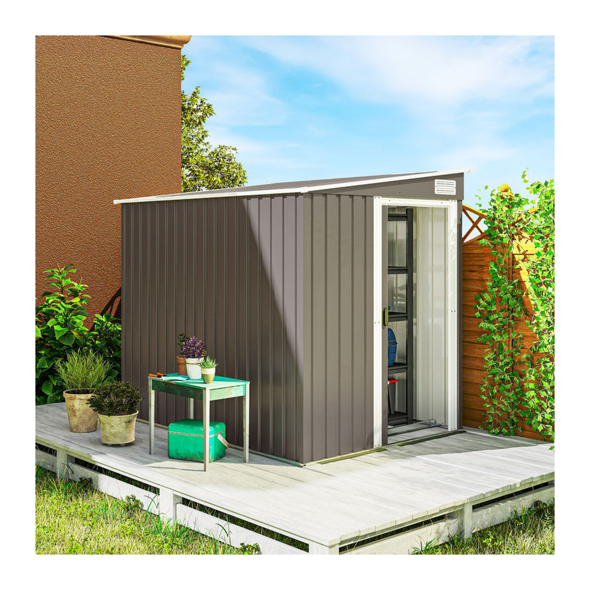 Aosom Outsunny Metall Gerätehaus mit Pultdach und Schiebetür, wetterfestes Gartenhaus aus Stahl in Grau, B/T/H: 154 x 206,5 x 181 cm - Bild 2
