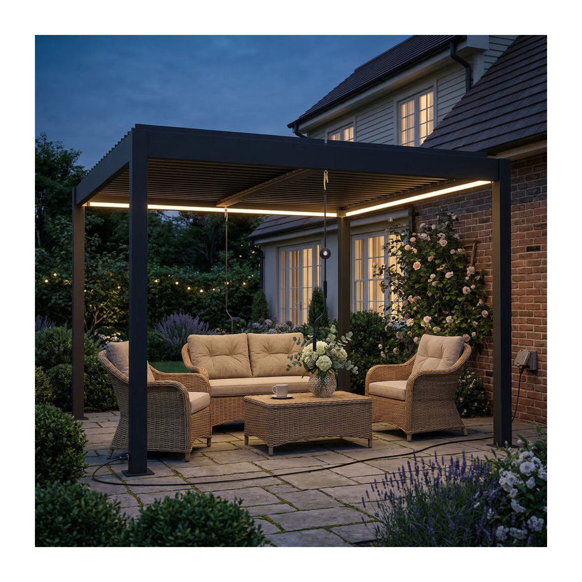 Aosom Outsunny Pergola aus Aluminium mit verstellbarem Lamellendach und LED-Beleuchtung, Terrassenüberdachung mit Entwässerungsrinnen, Anthrazit, 3 x 3 m - Bild 2