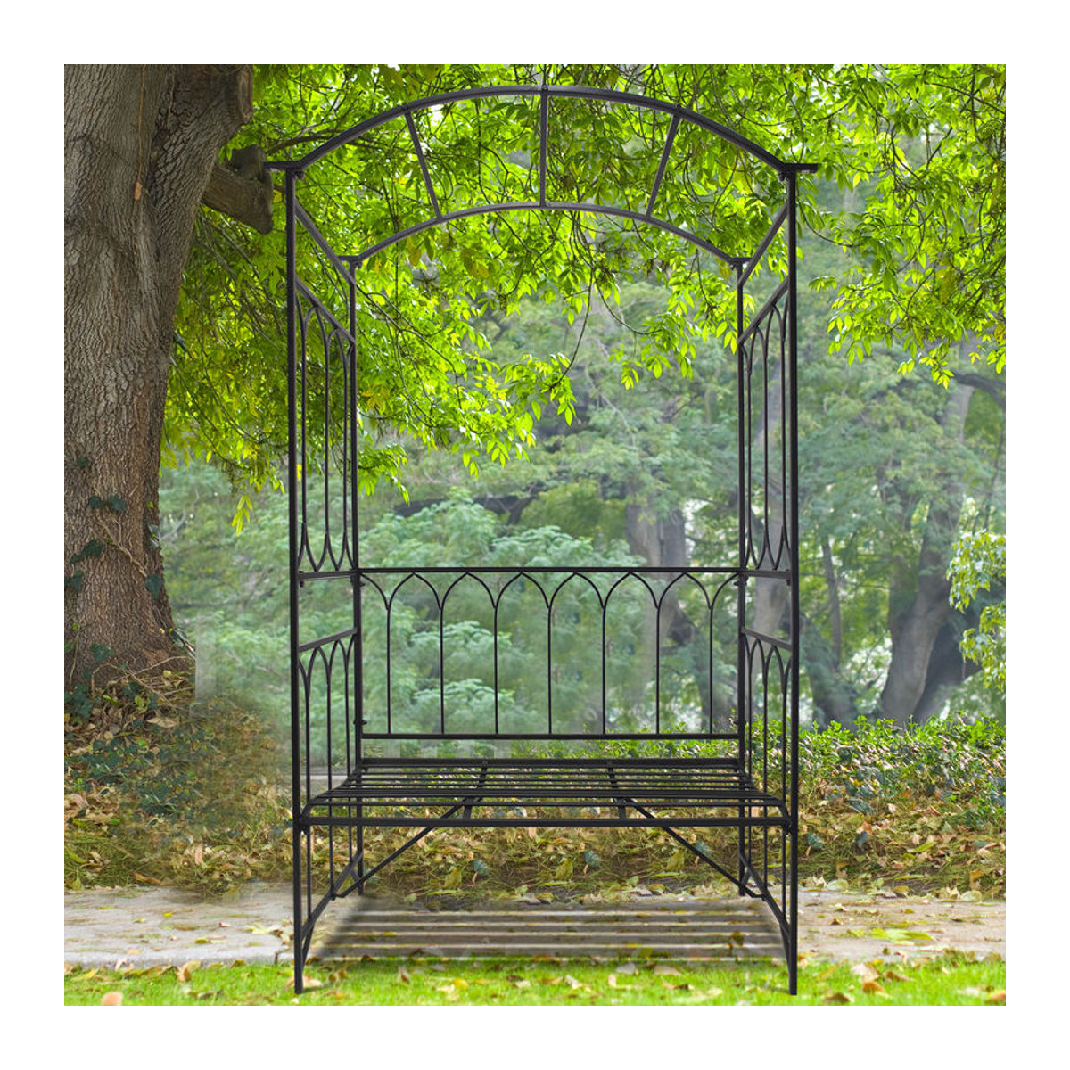 Aosom Rosenbogen mit Gartenbank aus Metall in Schwarz, H x B x T: 203 x 115 x 50 cm - Bild 1