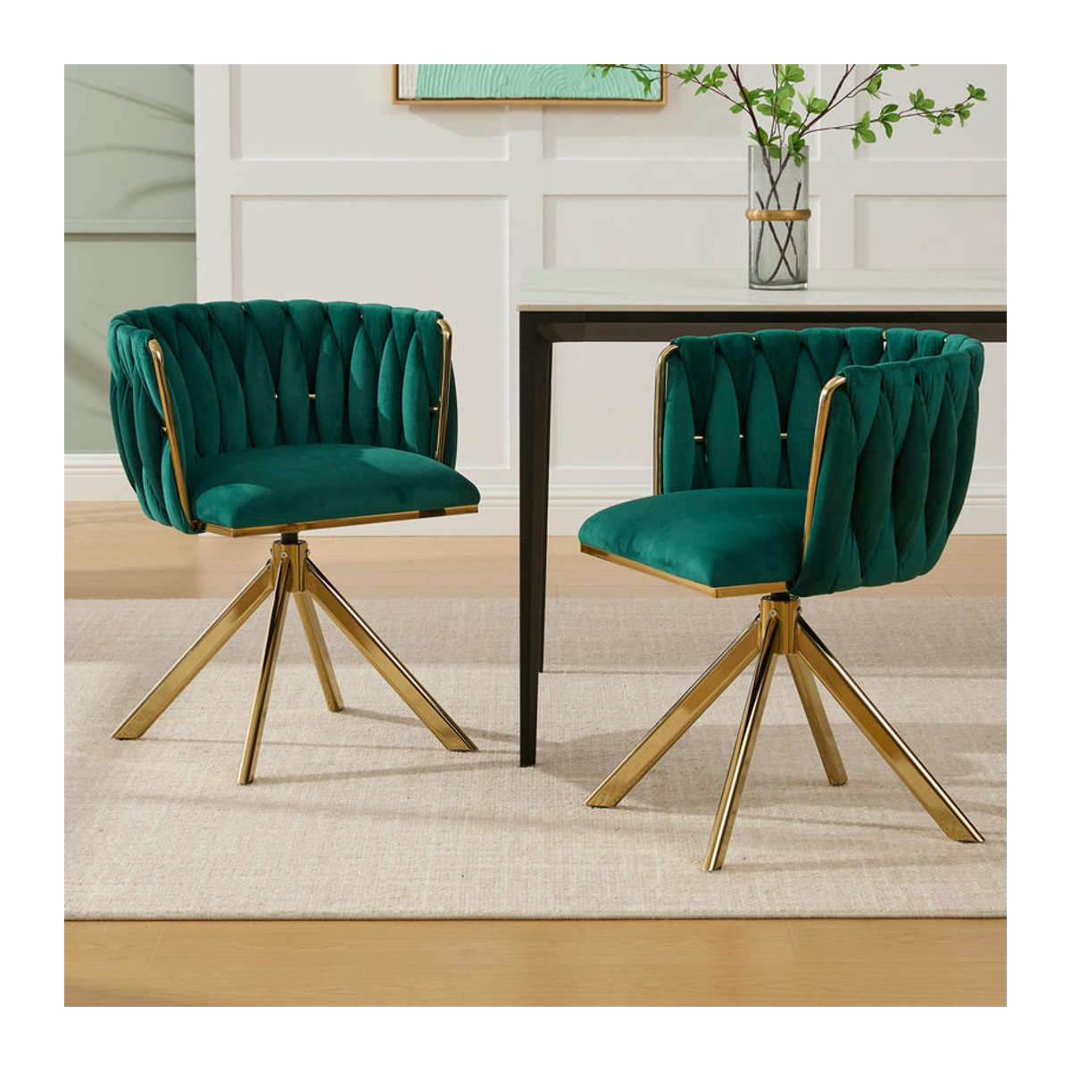 Aosom Set aus 2 moderne Velours-Drehstühle in Smaragdgrün mit 180 Grad Schwenkfunktion und ergonomischer Rückenunterstützung B/T/H: 56 x 50 x 70 cm - Bild 2