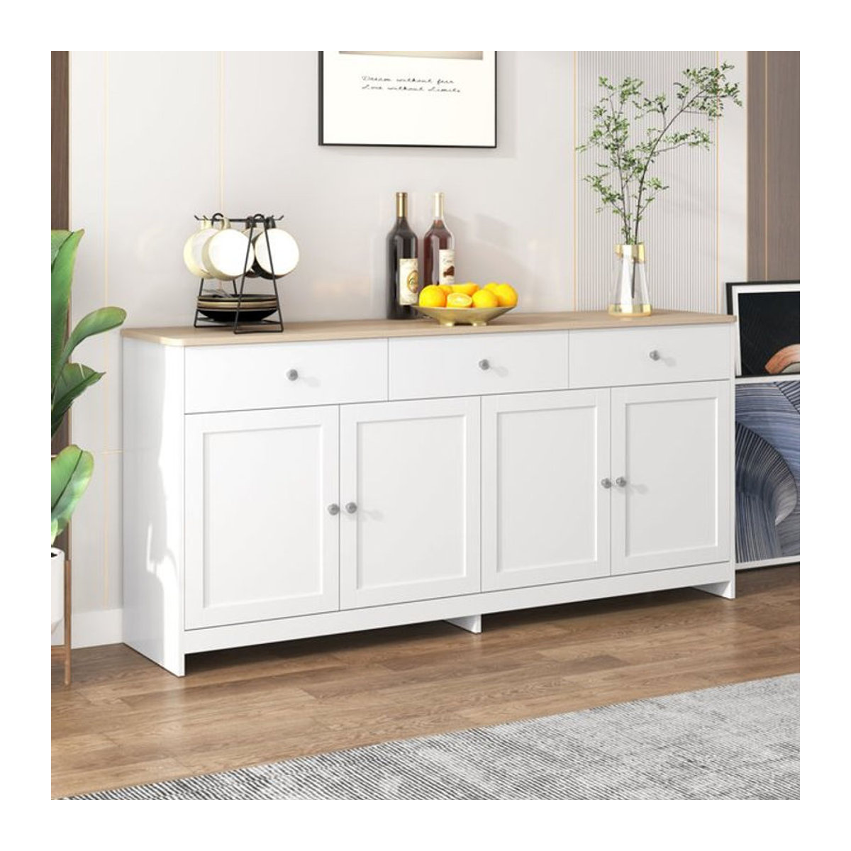 Aosom Sideboard im Landhausstil in Weiss mit Holzmaserung, 4 Türen und 3 Schubladen, Breite: 160 cm - Bild 1
