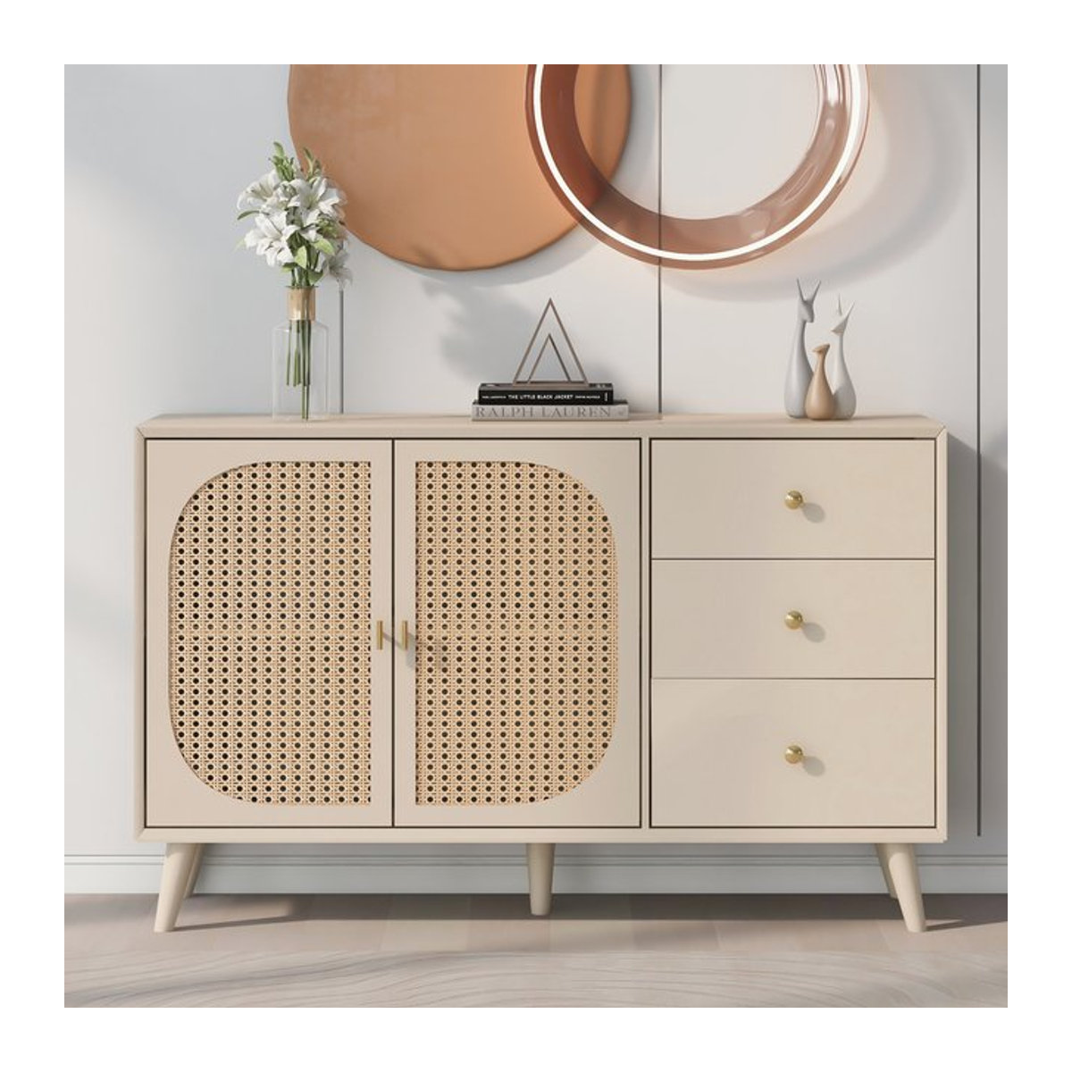 Aosom Sideboard TV-Ständer mit Rattan, 2 Türen und 3 Schubladen, Kiefernholz-Beine, Natur/Beige, B/T/H: 120 x 40 x 82,5 cm - Bild 1