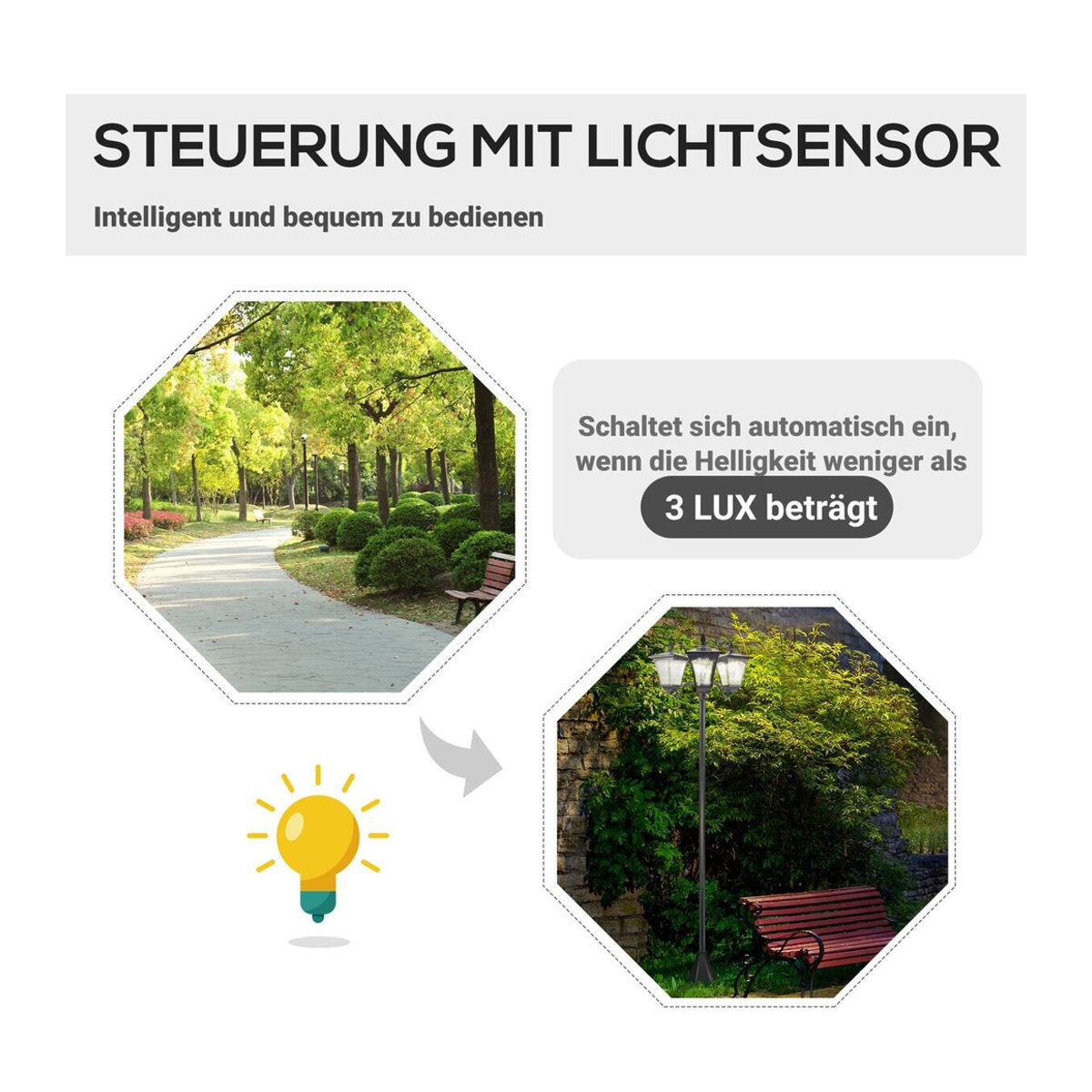 Aosom Solar Gartenleuchte Laterne in Schwarz und Edelstahl mit warmweißem LED-Licht, IP44, B/H/T: 47 x 182,5 x 51,5 cm - Bild 5