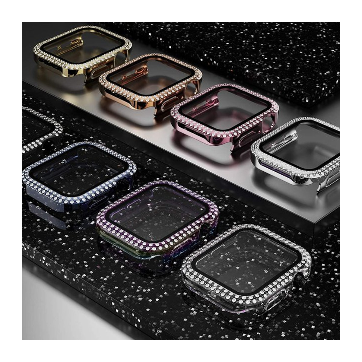 Apband Diamant Schutzgehäuse für Apple Watch Serie 3 bis 9, Silber und Mehrfarbig, Metall Stoßstangen Schutzabdeckung für iWatch Unisex - Bild 1