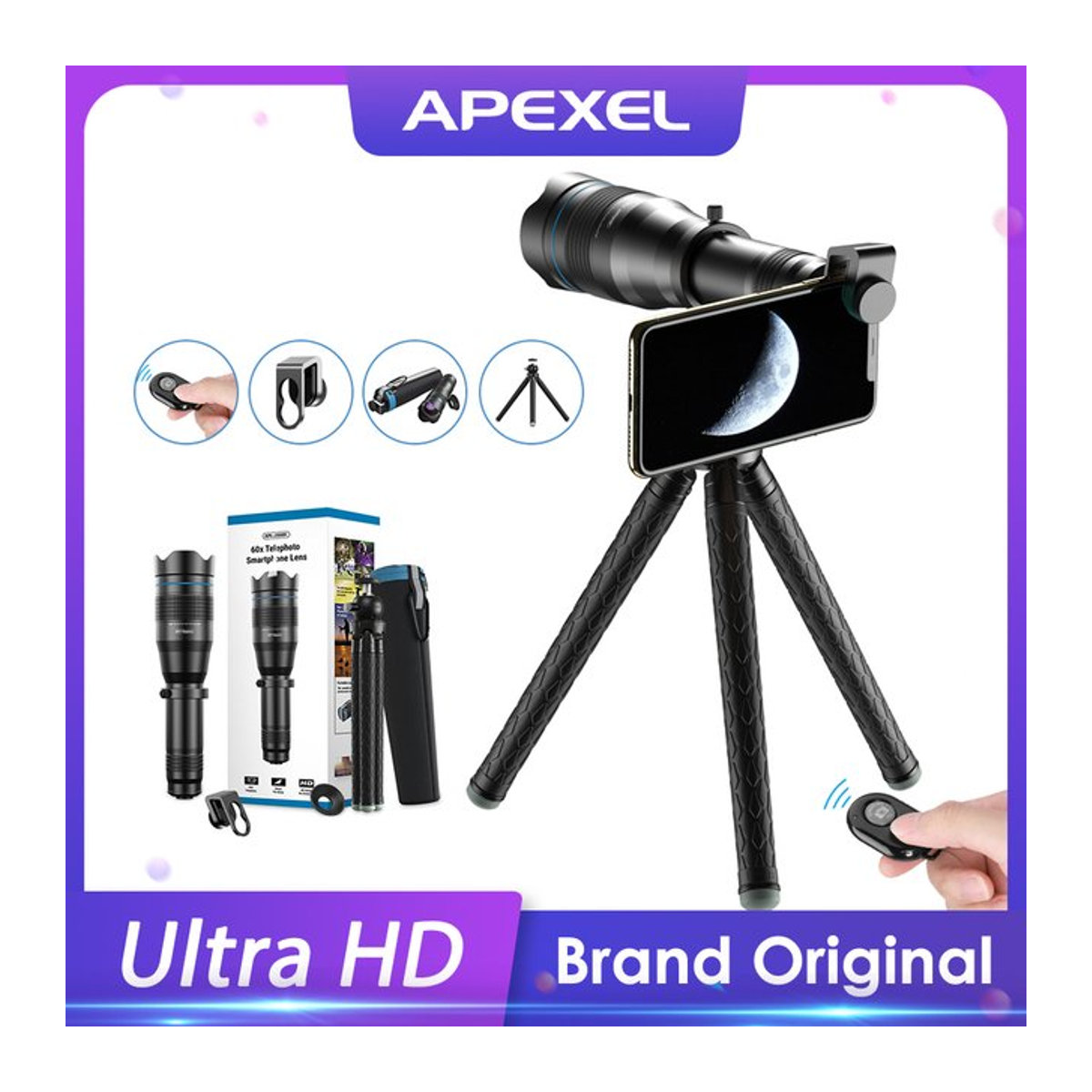 APEXEL 60X Handy-Teleobjektiv Monokular-Teleskop mit ausziehbarem Stativ für iPhone, Samsung und alle Smartphones, Schwarz - Bild 1