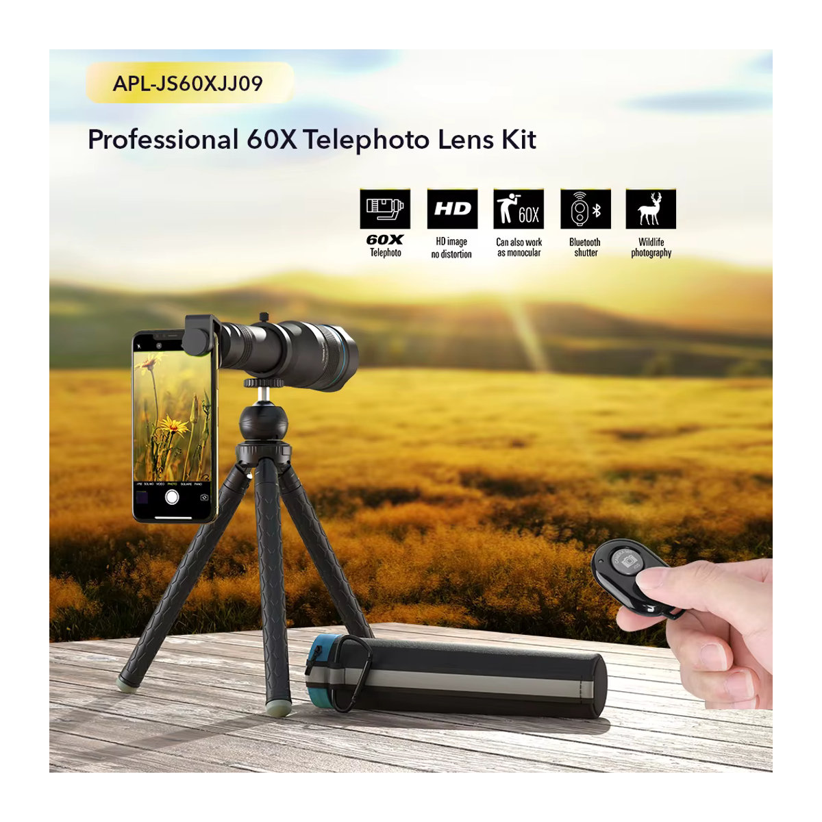 APEXEL 60X Handy-Teleobjektiv Monokular-Teleskop mit ausziehbarem Stativ für iPhone, Samsung und alle Smartphones, Schwarz - Bild 3