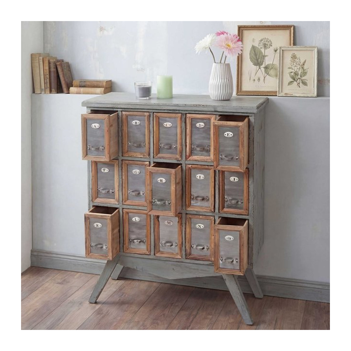 Apotheker-Schrank MCW-A43 Kommode aus Massivholz in Natur und Grau im Vintage Shabby-Look, B/T/H: 94 x 32 x 73 cm - Bild 1