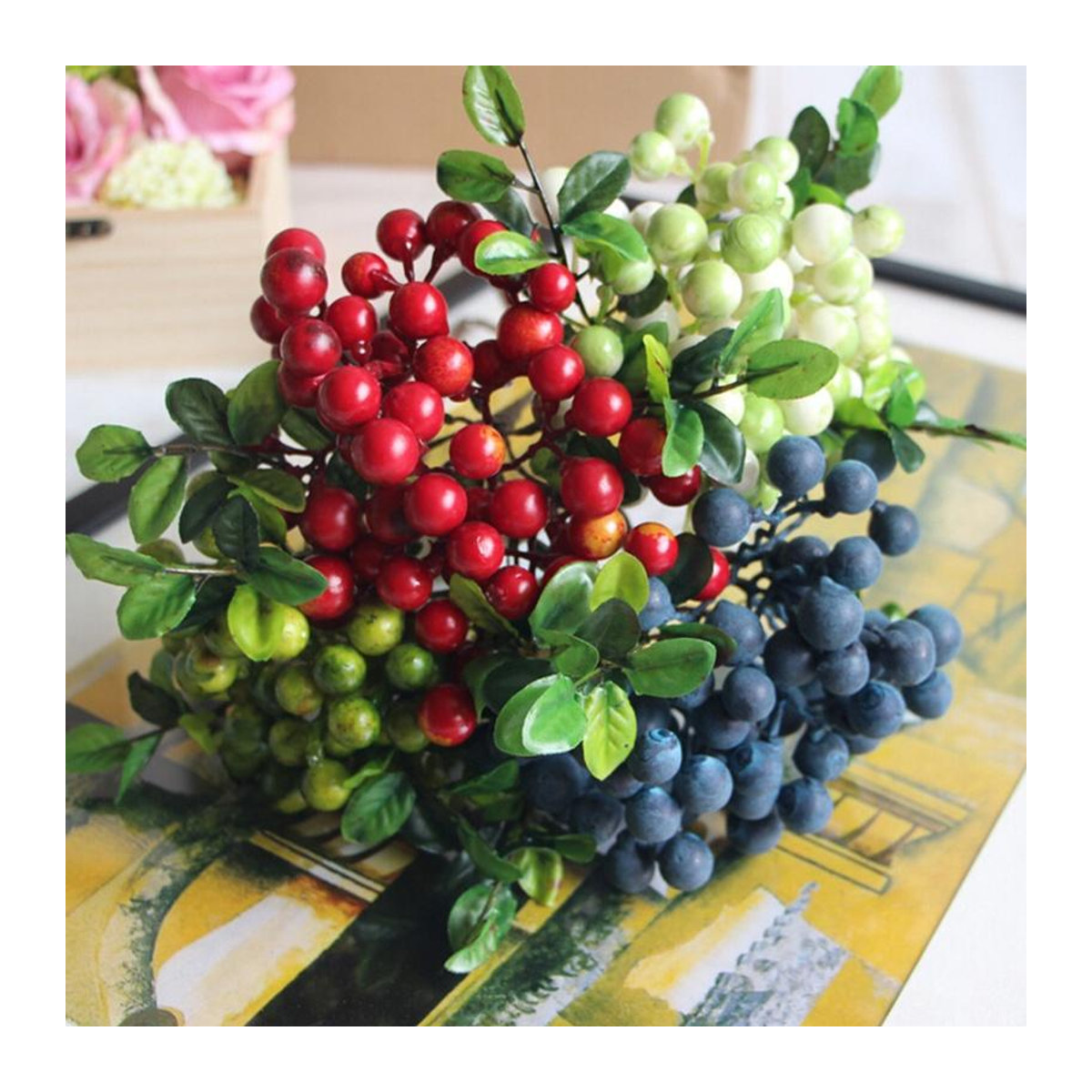 Applehome Künstliche Mini Beeren Bouquet in Gelb und Mehrfarbig aus Textil für Hochzeit und Home Party Dekor - Bild 2
