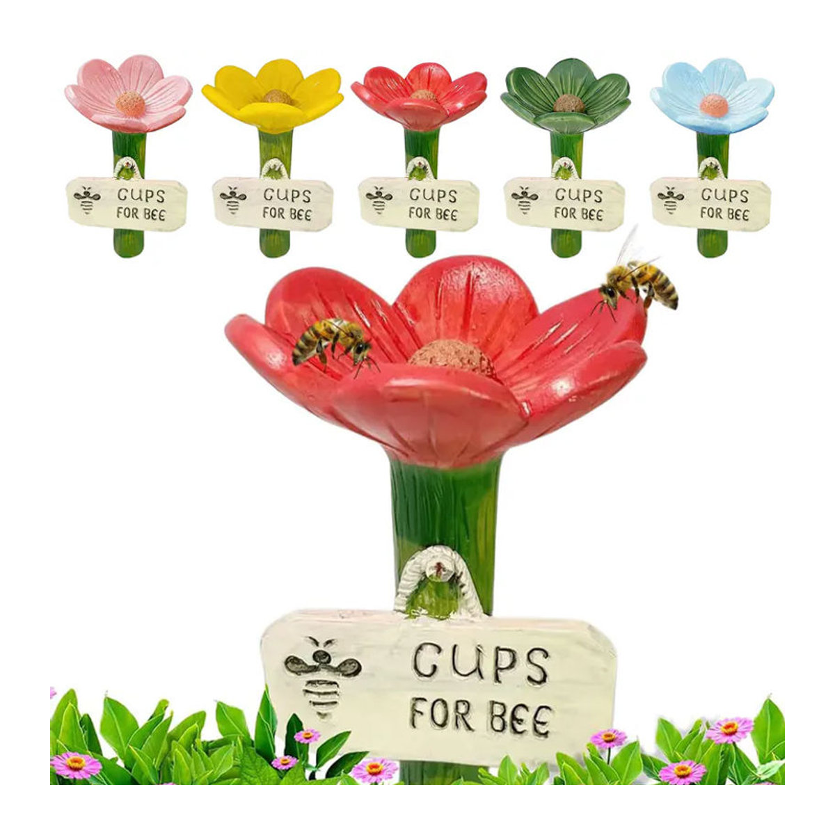 APWIKOGER Bienen-Wasserspender mit Blumendesign und Schmetterlings-Motiv in Grün und Gelb als Insekten-Badeschale zur Gartendekoration - Bild 3