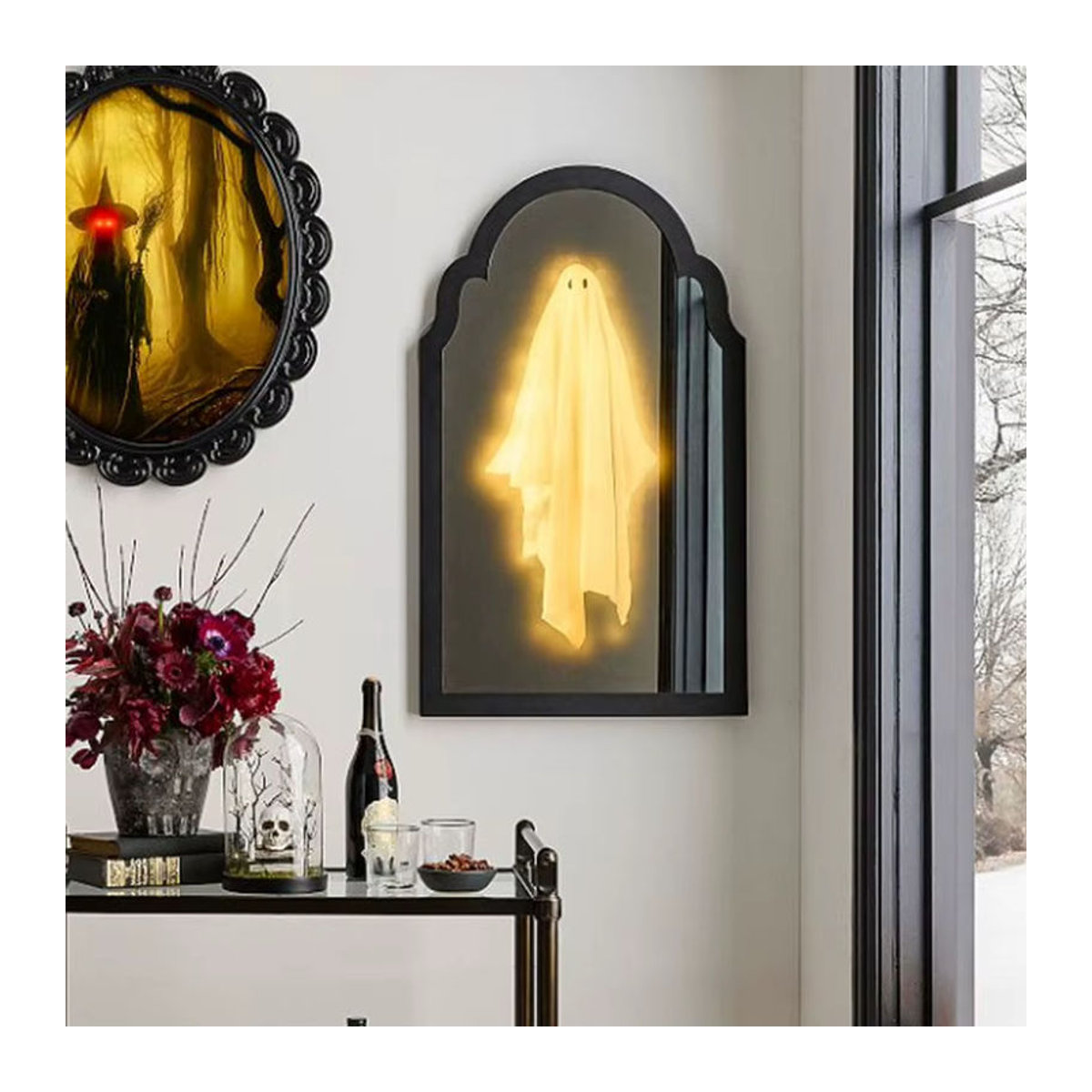 APWIKOGER Halloween Geisterspiegel mit Nachtlicht und Hologramm-Effekt, Wandbehang in Schwarz, unregelmäßige Form - Bild 6