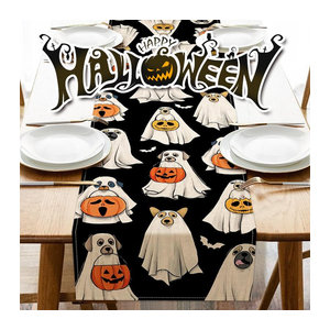 APWIKOGER Halloween Tischläufer mit Spooky Ghost, Hund, Kürbis und Fledermaus in Schwarz für Indoor und Outdoor Party Dekoration