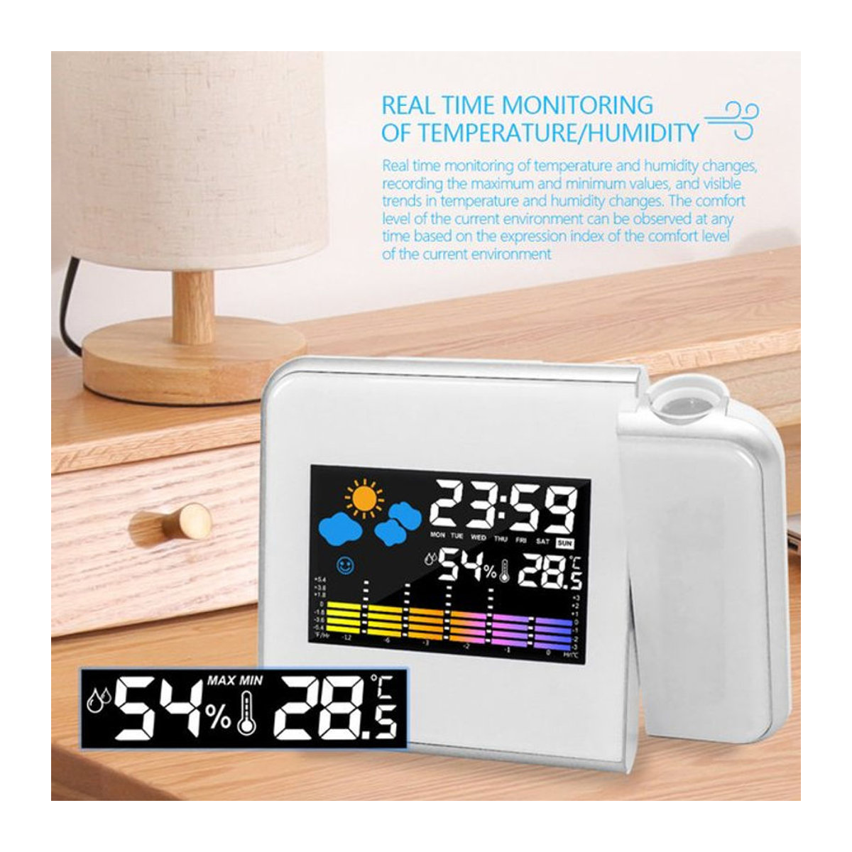 APWIKOGER Intelligenter Projektionswecker mit Nachthintergrundbeleuchtung, Thermometer und Hygrometer in Weiß - Bild 1