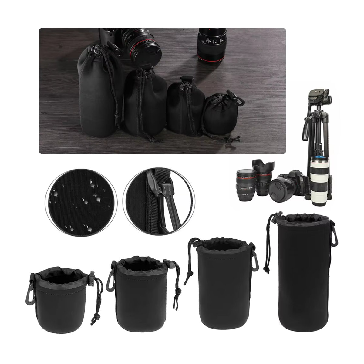 APWIKOGER Kameraobjektivtasche aus Neopren in Schwarz, wasserdichte Schutzhülle mit Kordelzug für digitale Spiegelreflexkameras - Bild 2