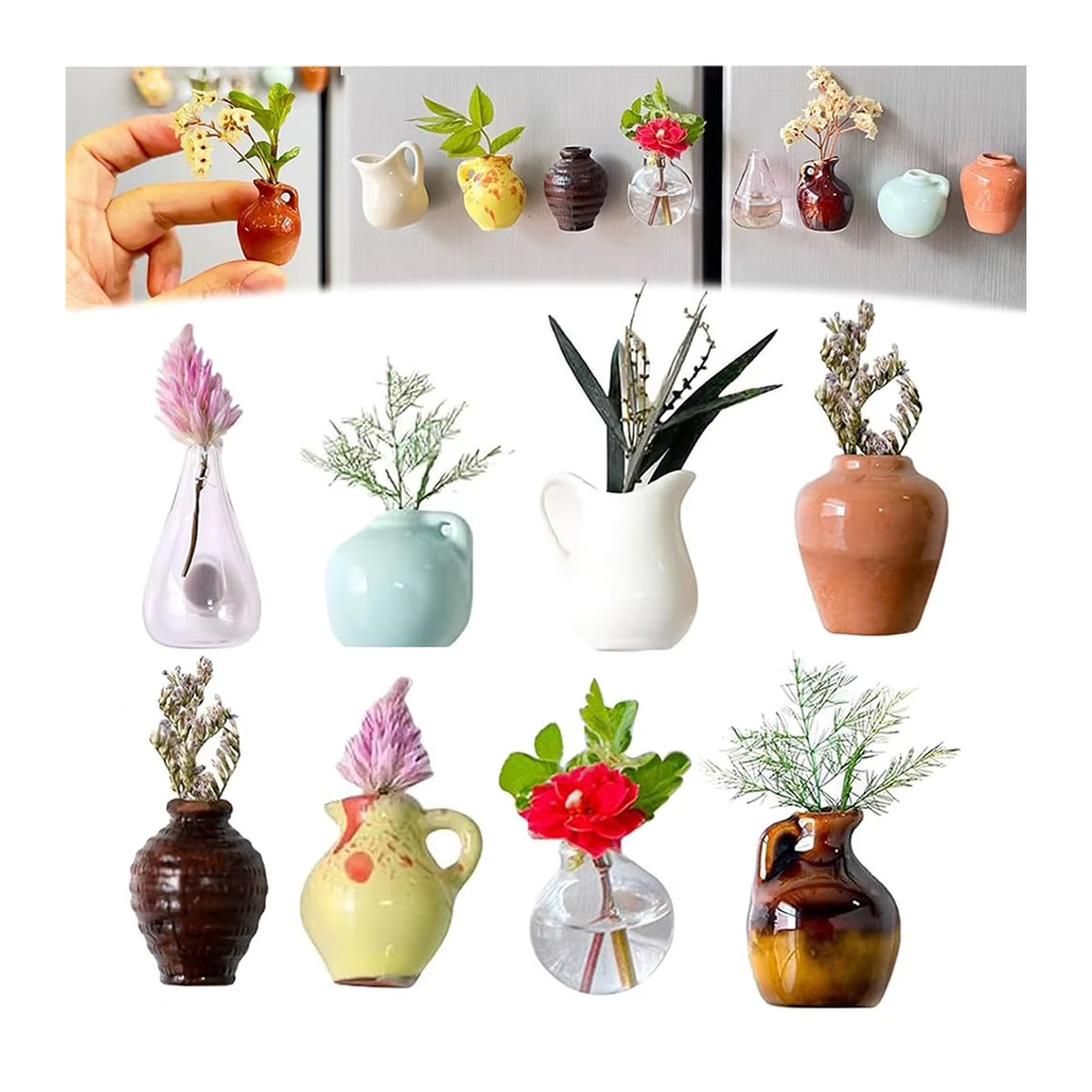 APWIKOGER Keramik Vase Mini Blumenanordnung als Kühlschrank Magnet im skandinavischen Design, Mehrfarbig, 5-8 Stück - Bild 2