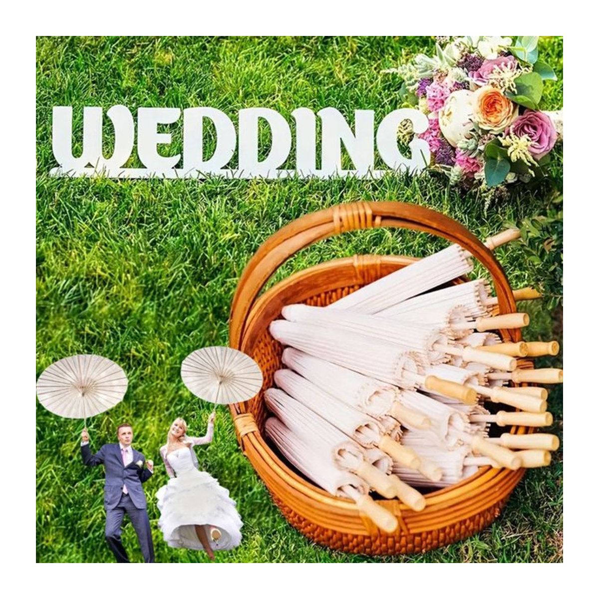 APWIKOGER Papier Sonnenschirm aus Bambus in Weiß für Hochzeit, Cosplay und Stranddeko, Durchmesser: 60 cm - Bild 1