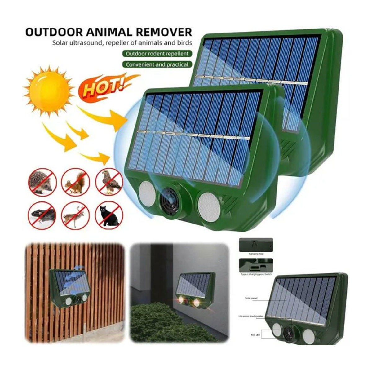 APWIKOGER Solarbetriebener Ultraschall-Tiervertreiber als Outdoor-Schädlingssensor zur Abwehr von Hunden, Katzen und Vögeln - Bild 1