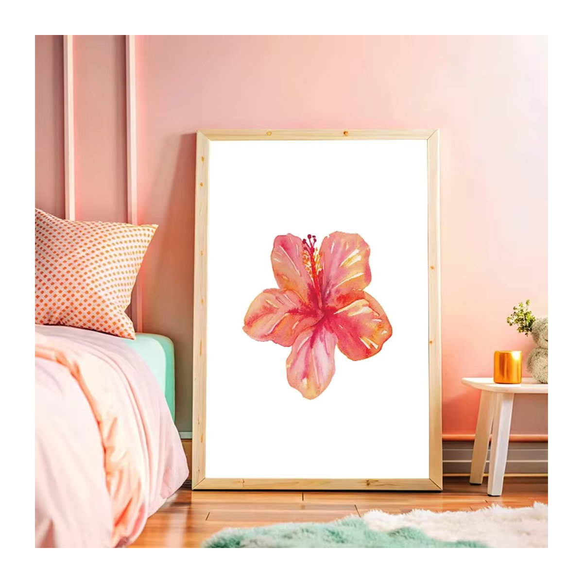 Aquarell-Poster mit tropischen Blumen Hibiskus und Frangipani von Potdemiel als Leinwanddruck in Weiß für deine Wanddekoration - Bild 1