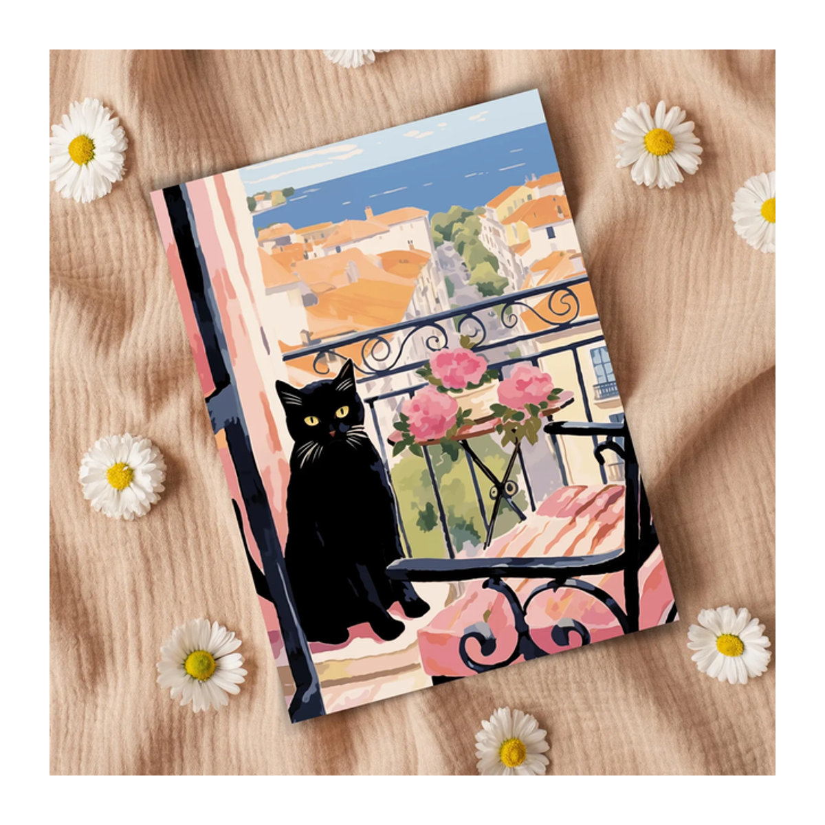 Aquarelldruck Schwarze Katze mit spanischer Küstenlandschaft von SHENCHEN auf Papier, mehrfarbig - Bild 1