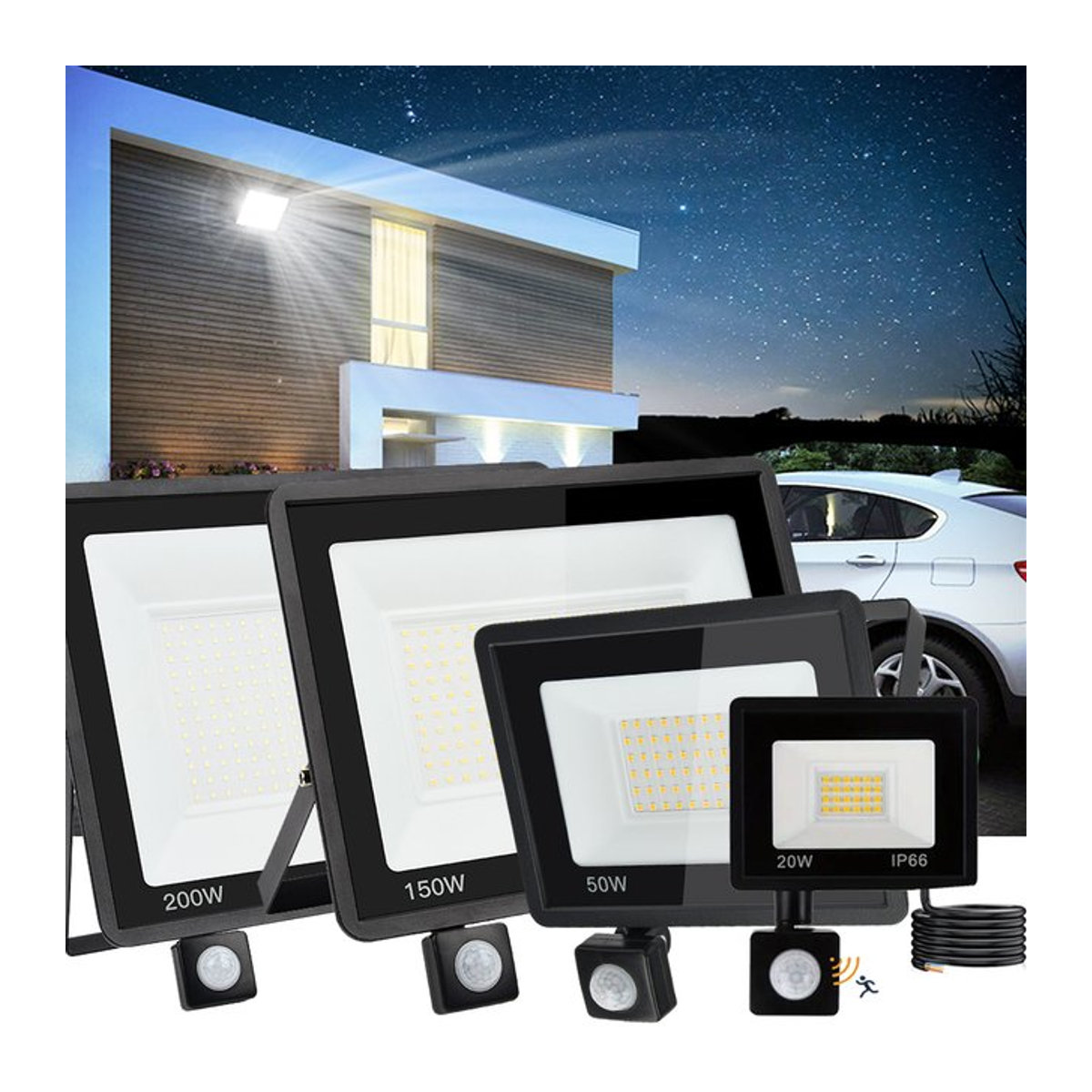 Arbrac LED Außenstrahler Schwarz mit PIR Bewegungssensor, 200W, IP65 Wasserdicht, Kaltweiß - Bild 1