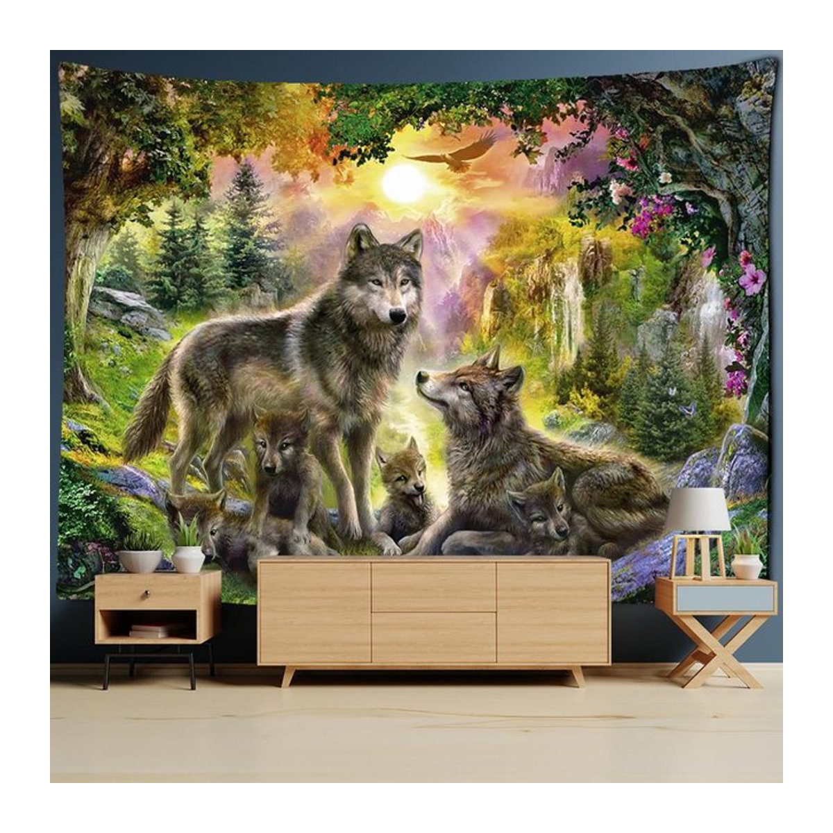 Arctic Wolf Wandteppich mit Tierprint und Mond im Bohemian Stil, mehrfarbig, B: 400 cm, H: 220 cm - Bild 1