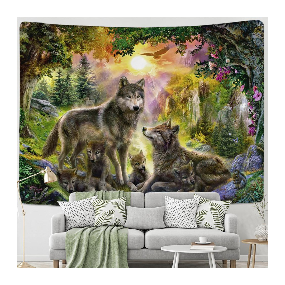 Arctic Wolf Wandteppich mit Tierprint und Mond im Bohemian Stil, mehrfarbig, B: 400 cm, H: 220 cm - Bild 2