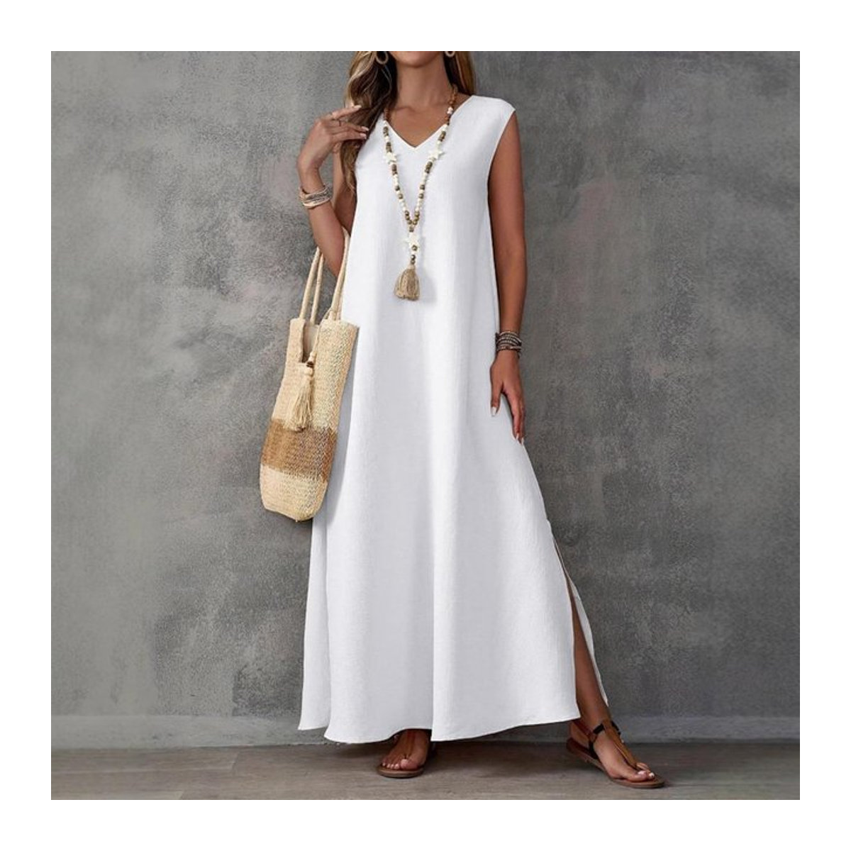 Ärmelloses Maxikleid für Damen von SANWOOD mit V-Ausschnitt und seitlichem Schlitz im Boho-Stil für den Sommer - Bild 1