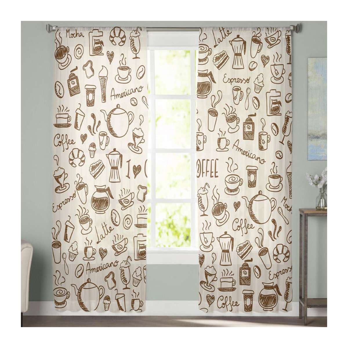 Art Coffee Cup Donut Sheer Vorhang von A Family Of Home Textiles in Braun, B: 135 cm, H: 114 cm - Bild 2