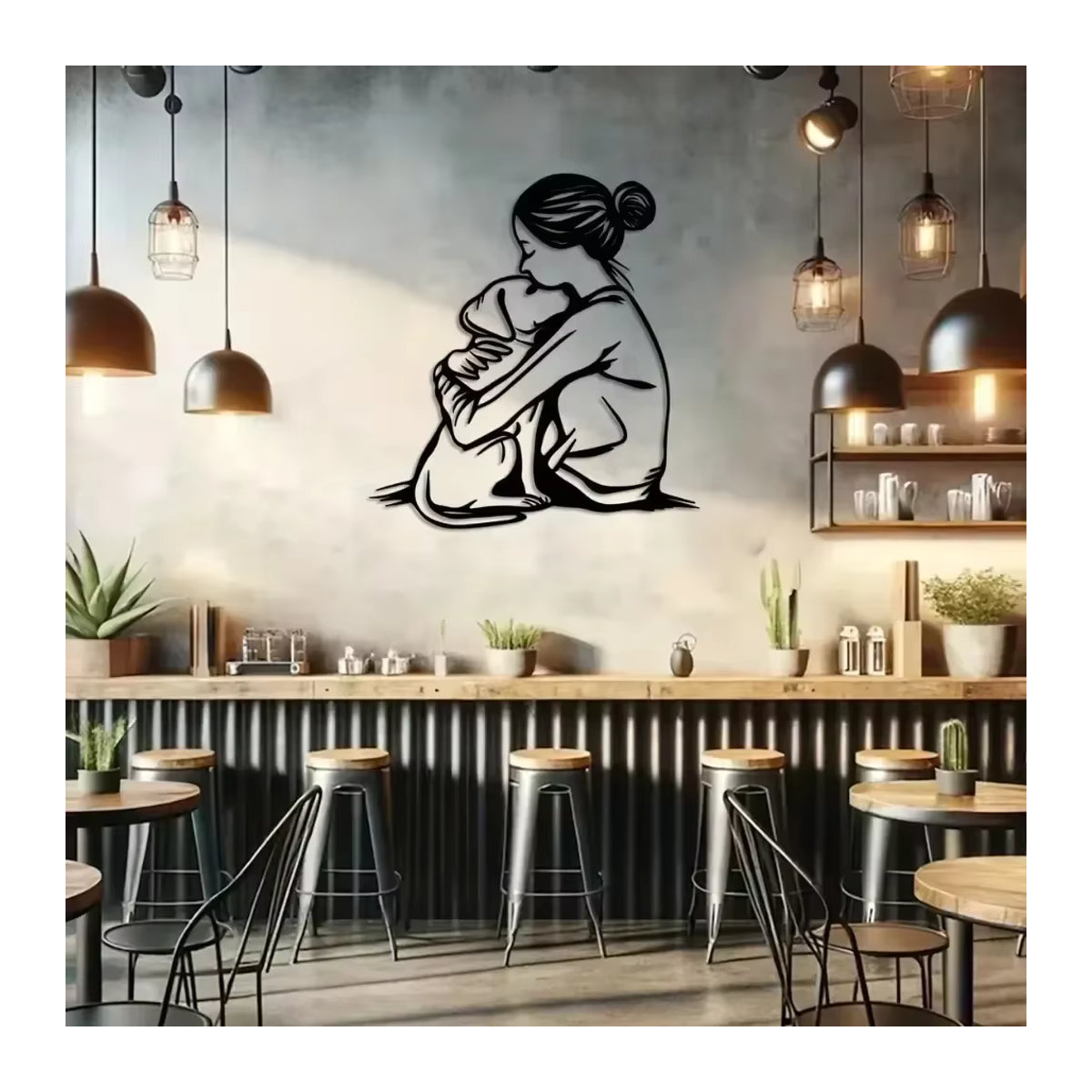 Art Déco Wandskulptur aus Metall CIFBUY Woman & Dog Line Art Embrace in Schwarz - Bild 2