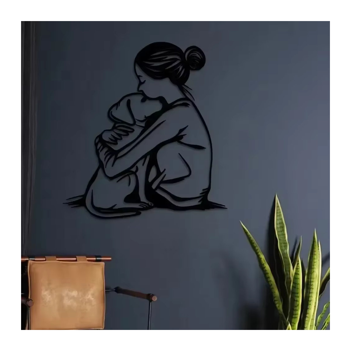 Art Déco Wandskulptur aus Metall CIFBUY Woman & Dog Line Art Embrace in Schwarz - Bild 3