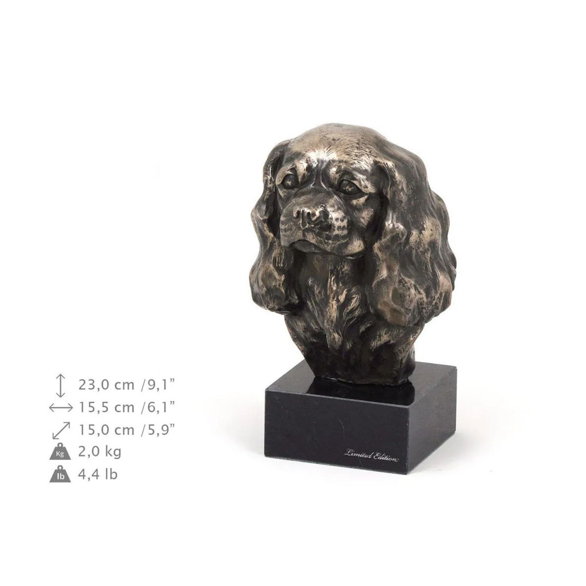 Art-Dog Cavalier King Charles Spaniel II Hundestatuette als Büste auf Steinsockel in Bronze und Gold - Bild 5