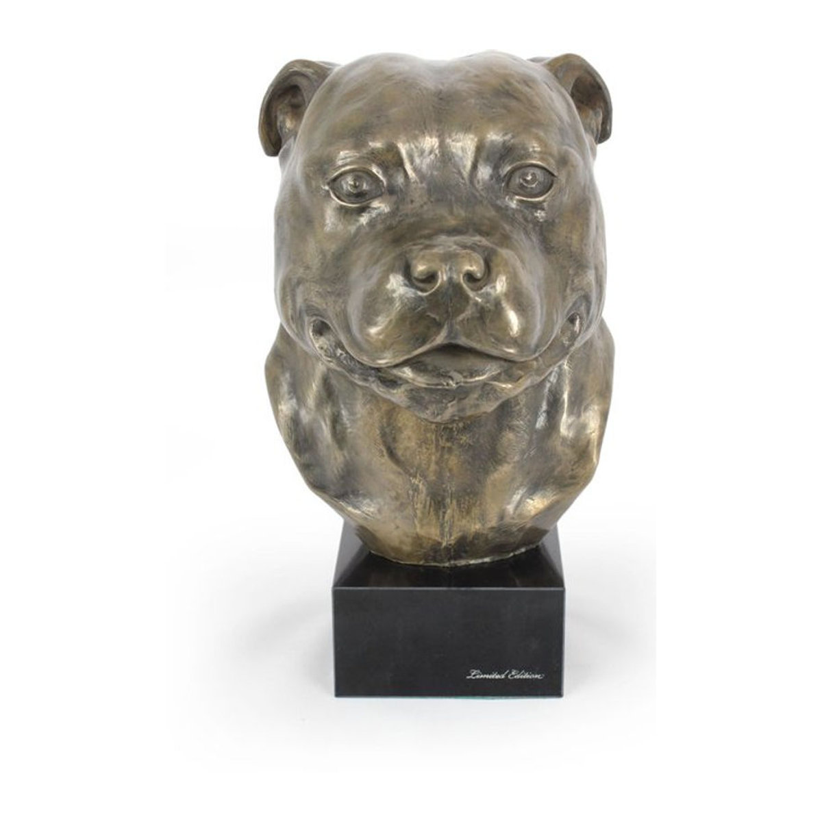 Art-Dog Staffordshire Bull Terrier Hundebüste als große Statue in Braun mit Steinsockel - Bild 1