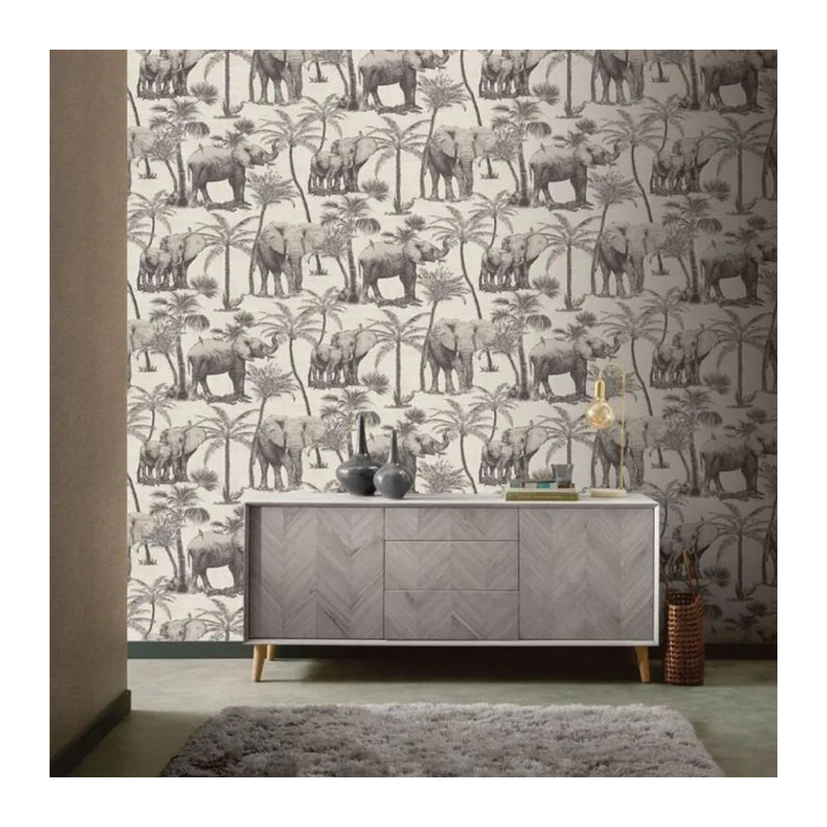 Arthouse Safari Tapete mit Elefant und Palmen in Grau - Bild 2
