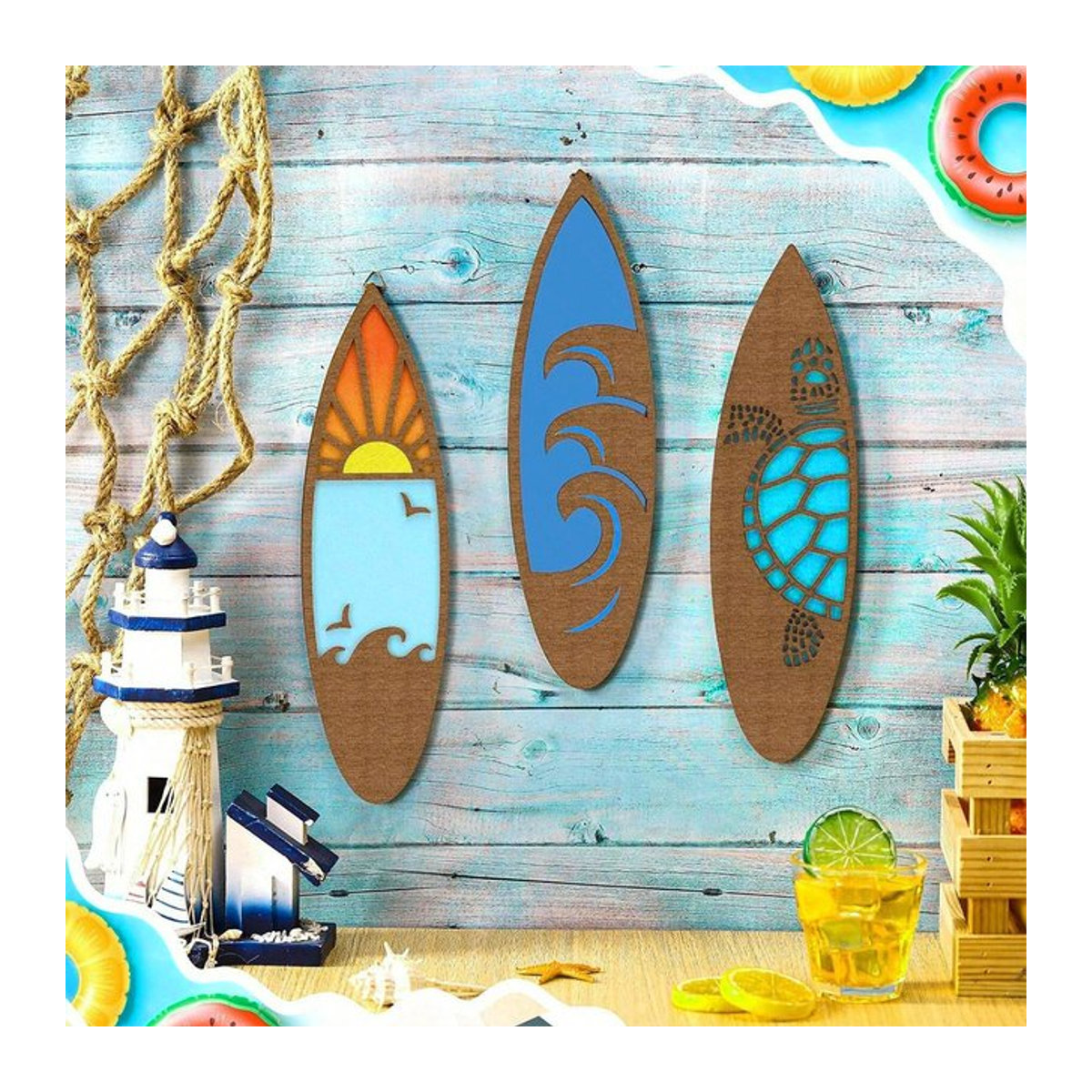 Artilady 3-teiliges Wanddeko-Set aus Holz mit maritimem Surfbrett-Motiv in Mehrfarbig - Bild 1