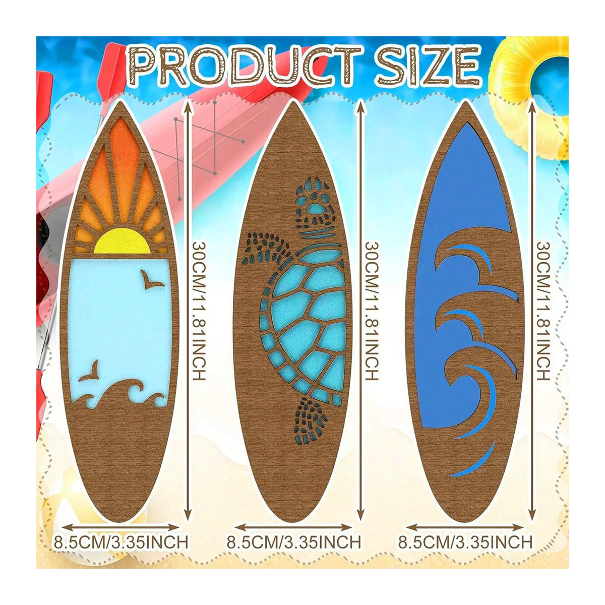 Artilady 3-teiliges Wanddeko-Set aus Holz mit maritimem Surfbrett-Motiv in Mehrfarbig - Bild 2