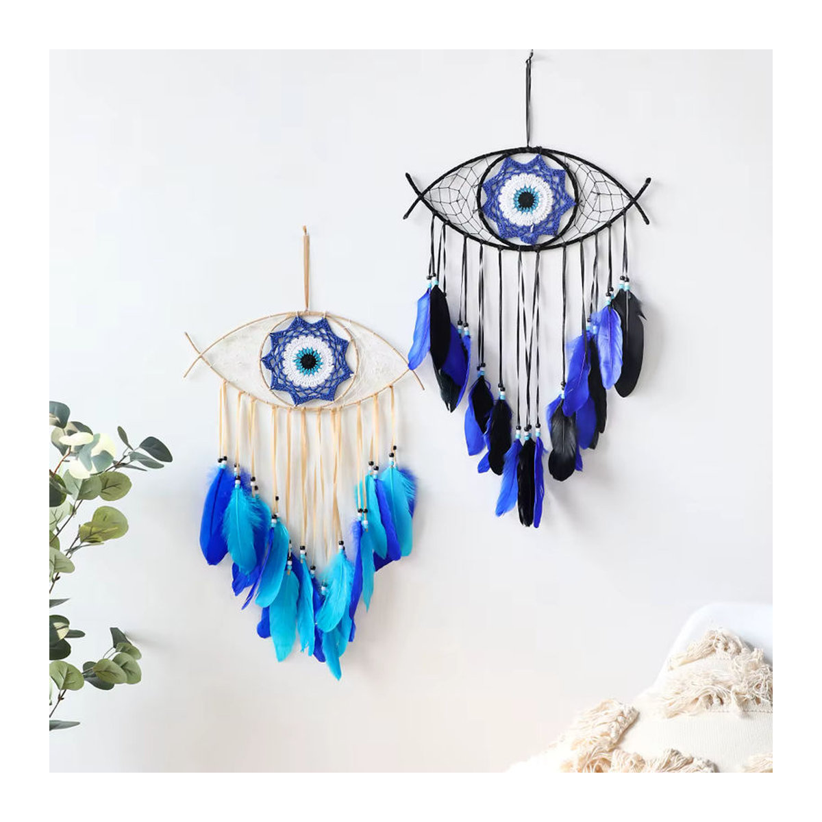 Artilady Evil Eye Dreamcatcher Makramee Wandbehang Boho Wandkunst in Mehrfarbig mit Federn und Metall-Elementen - Bild 2