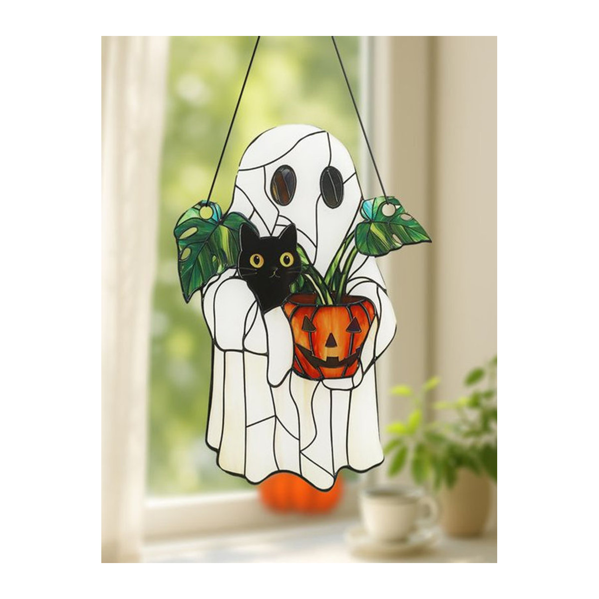 Artilady Halloween Fensteranhänger aus Acryl mit weißem Geist, schwarzer Katze und Kürbisform zur Wanddekoration für Zuhause und Garten - Bild 1