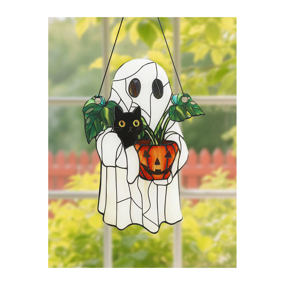 Artilady Halloween Fensteranhänger aus Acryl mit weißem Geist, schwarzer Katze und Kürbisform zur Wanddekoration für Zuhause und Garten - Bild 2