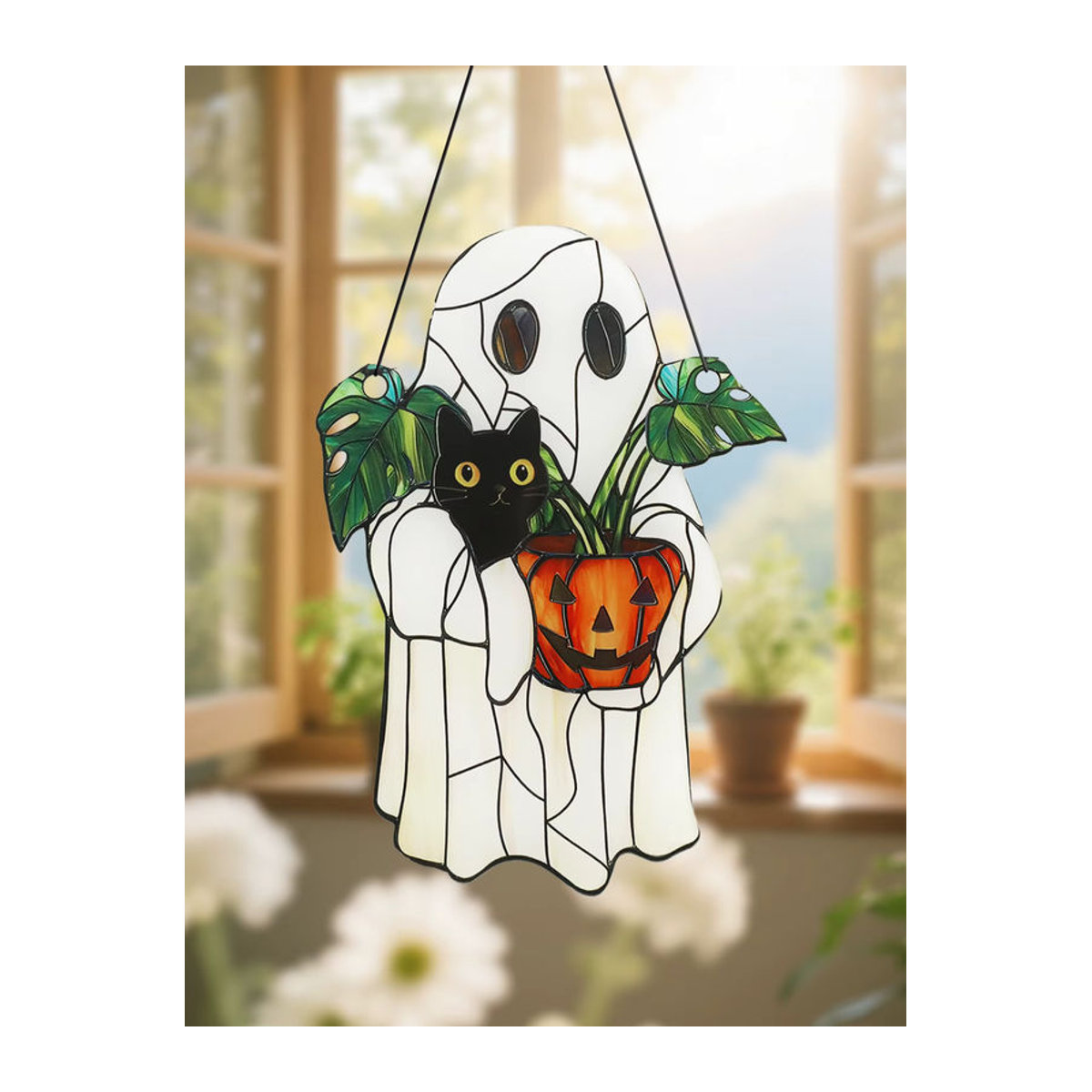 Artilady Halloween Fensteranhänger aus Acryl mit weißem Geist, schwarzer Katze und Kürbisform zur Wanddekoration für Zuhause und Garten - Bild 3