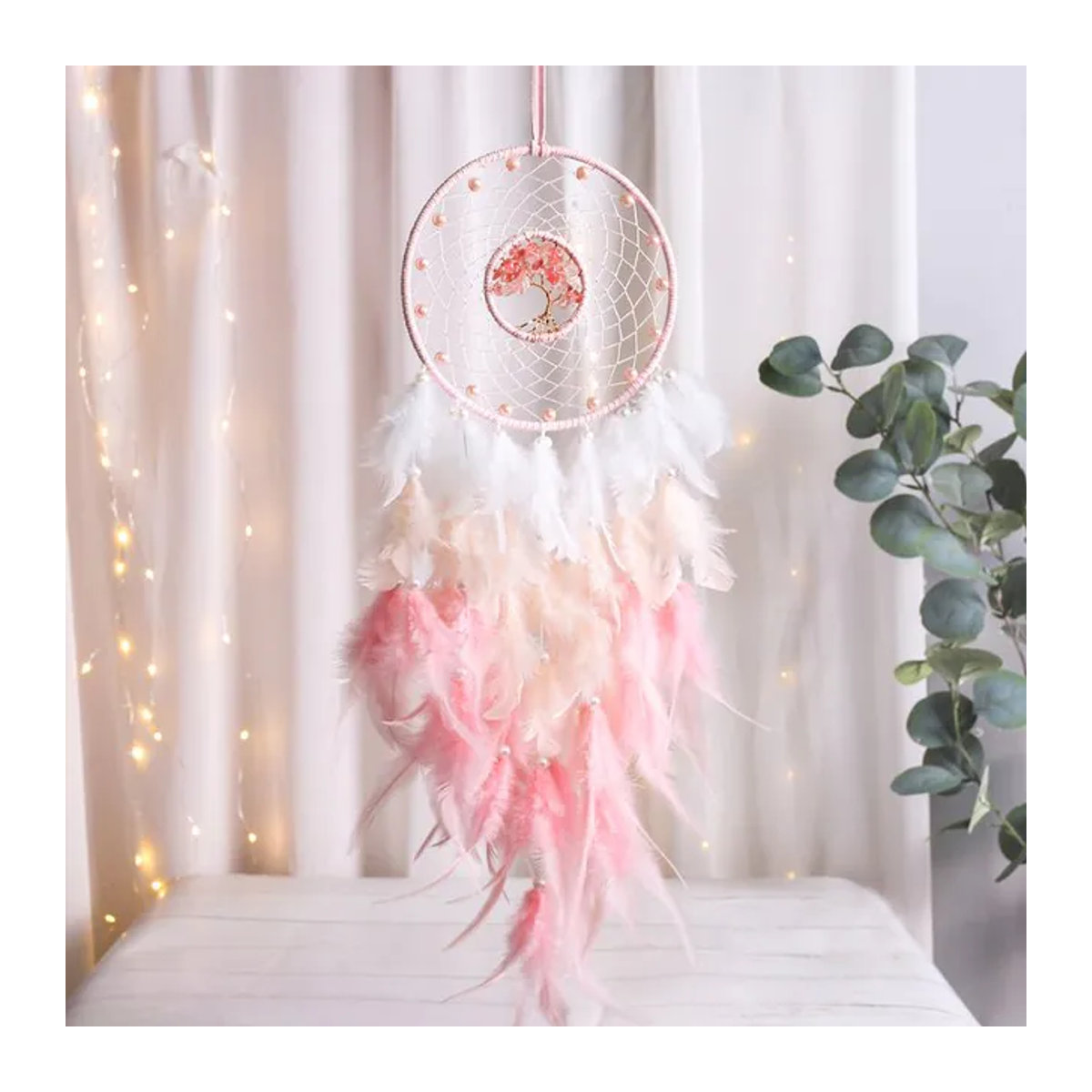 Artilady Traumfänger Baum des Lebens in Rosa mit Kristallstein und Federn als Bohemian Kinderzimmer-Dekoration - Bild 1