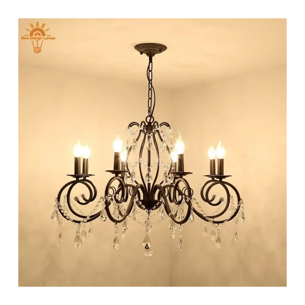 Artpad Vintage Kronleuchter Schwarz 6-flammige Runde Eisen-LED-Pendelleuchte mit Kristallen für Wohnzimmer und Esstisch - Bild 1