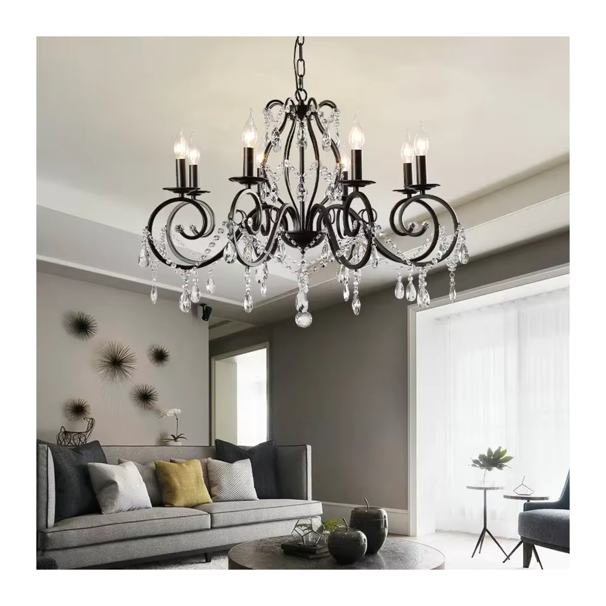 Artpad Vintage Kronleuchter Schwarz 6-flammige Runde Eisen-LED-Pendelleuchte mit Kristallen für Wohnzimmer und Esstisch - Bild 2