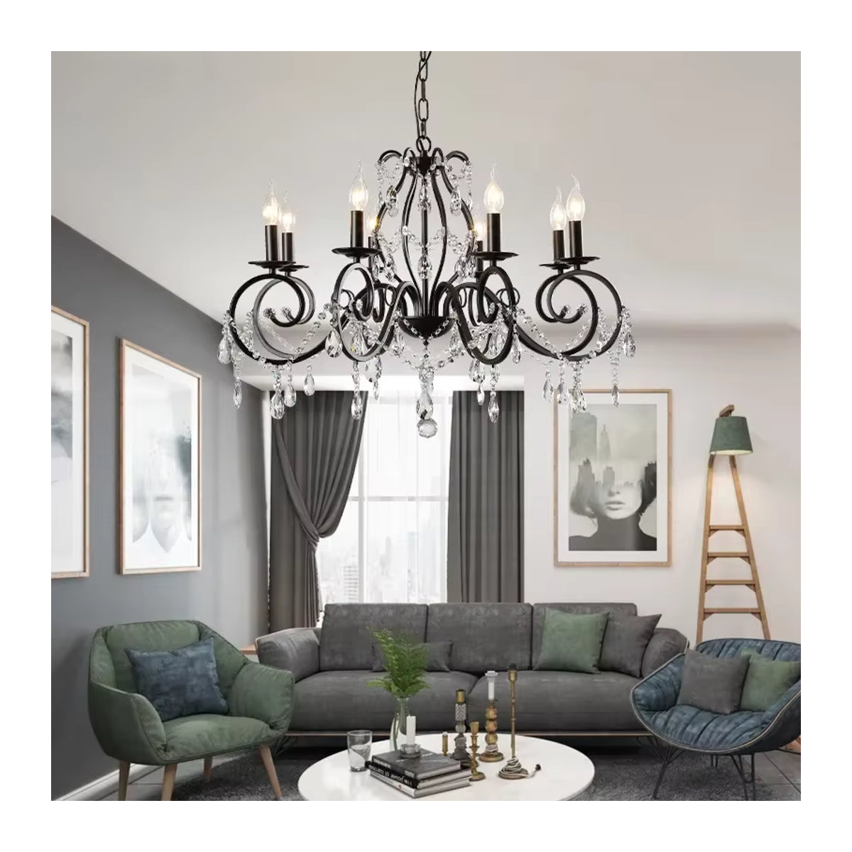 Artpad Vintage Kronleuchter Schwarz 6-flammige Runde Eisen-LED-Pendelleuchte mit Kristallen für Wohnzimmer und Esstisch - Bild 3