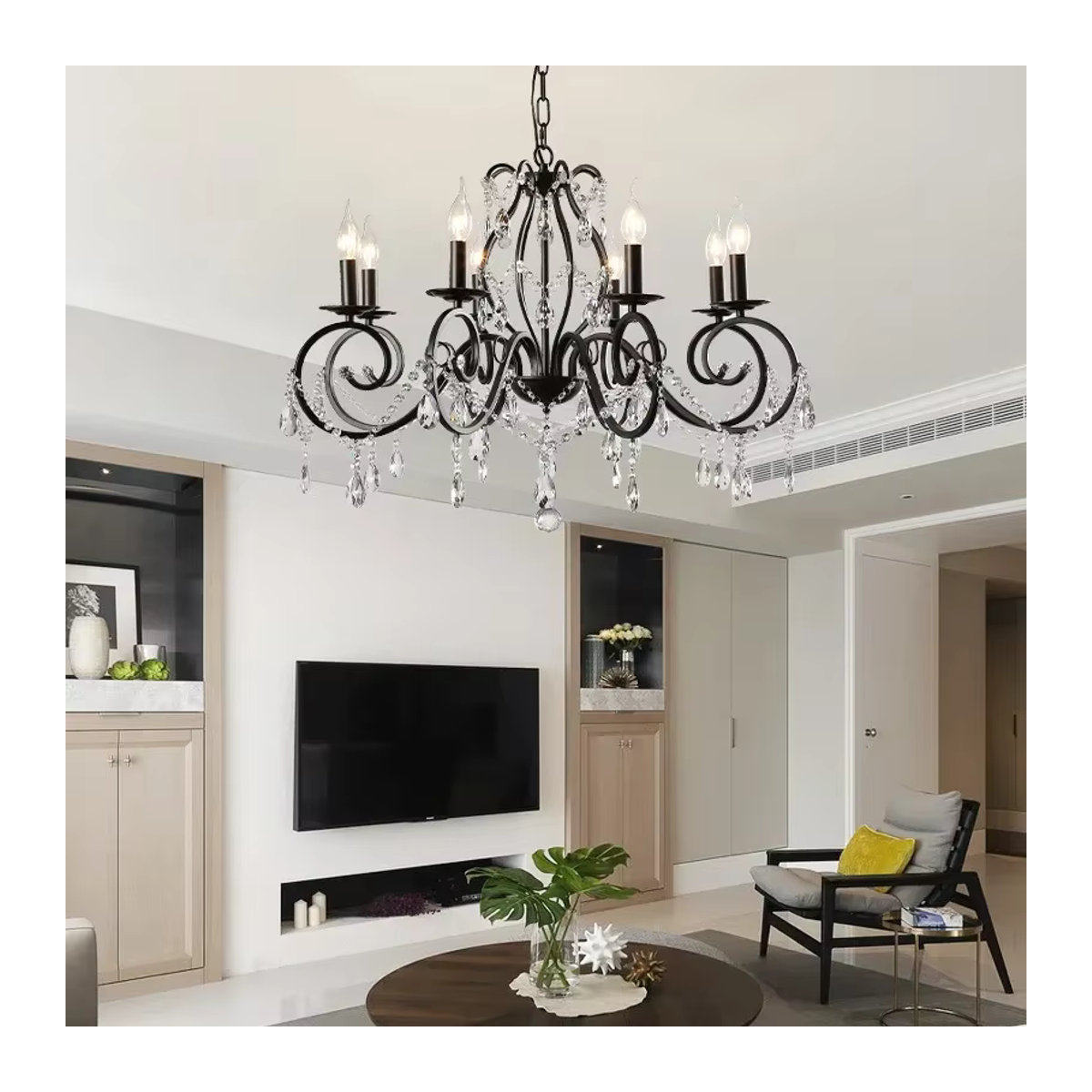 Artpad Vintage Kronleuchter Schwarz 6-flammige Runde Eisen-LED-Pendelleuchte mit Kristallen für Wohnzimmer und Esstisch - Bild 4