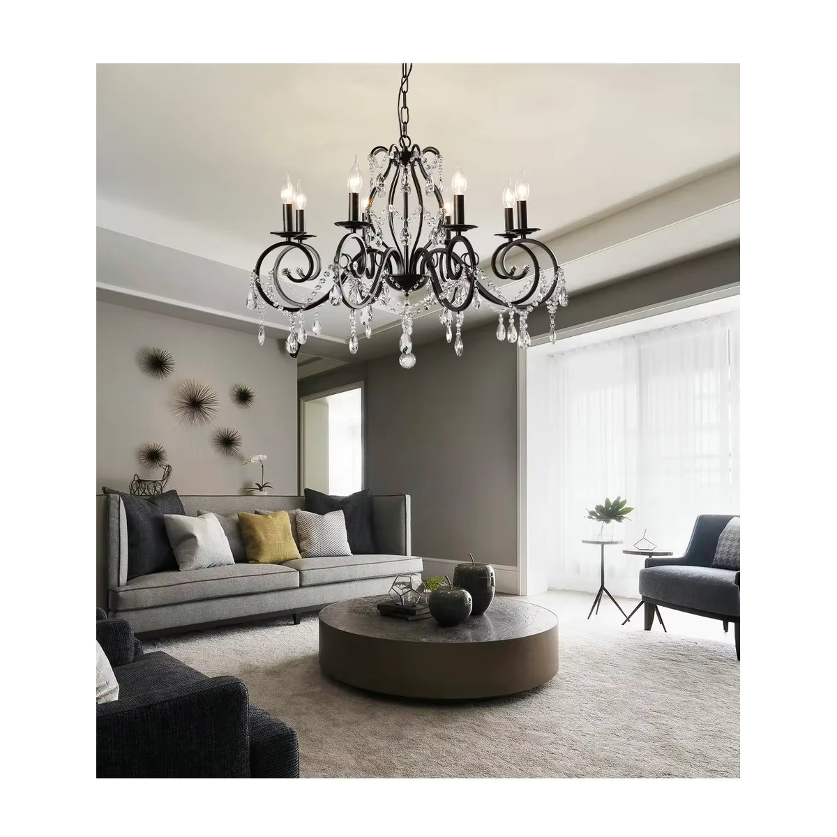 Artpad Vintage Kronleuchter Schwarz 6-flammige Runde Eisen-LED-Pendelleuchte mit Kristallen für Wohnzimmer und Esstisch - Bild 5