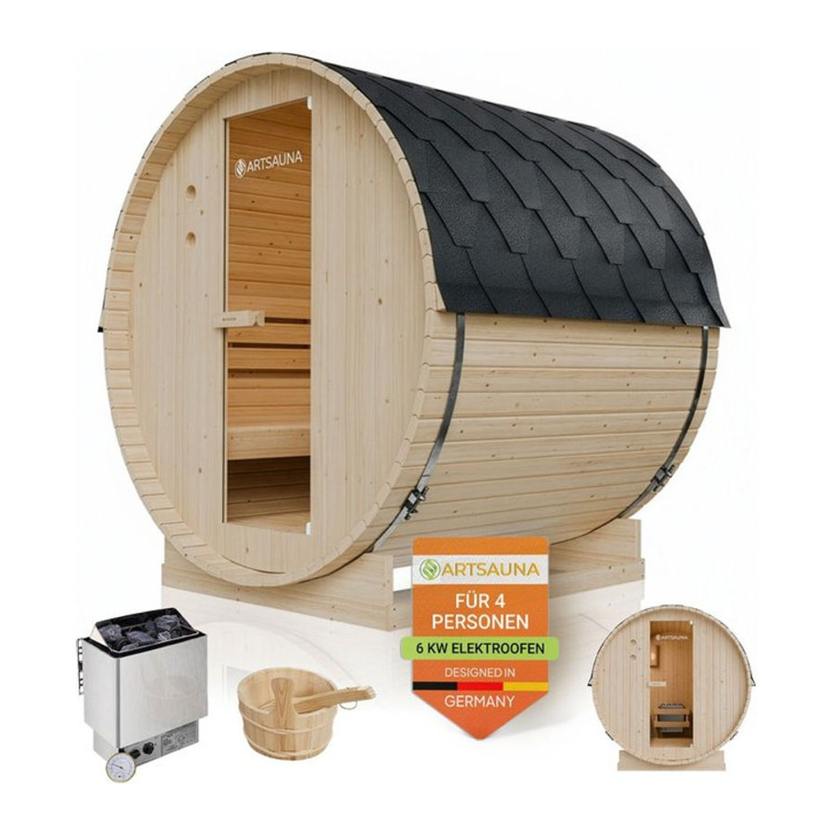 Artsauna Fasssauna Spitzbergen 180 aus Fichtenholz für 4 Personen inklusive 6 kW Ofen und Zubehör - Bild 1