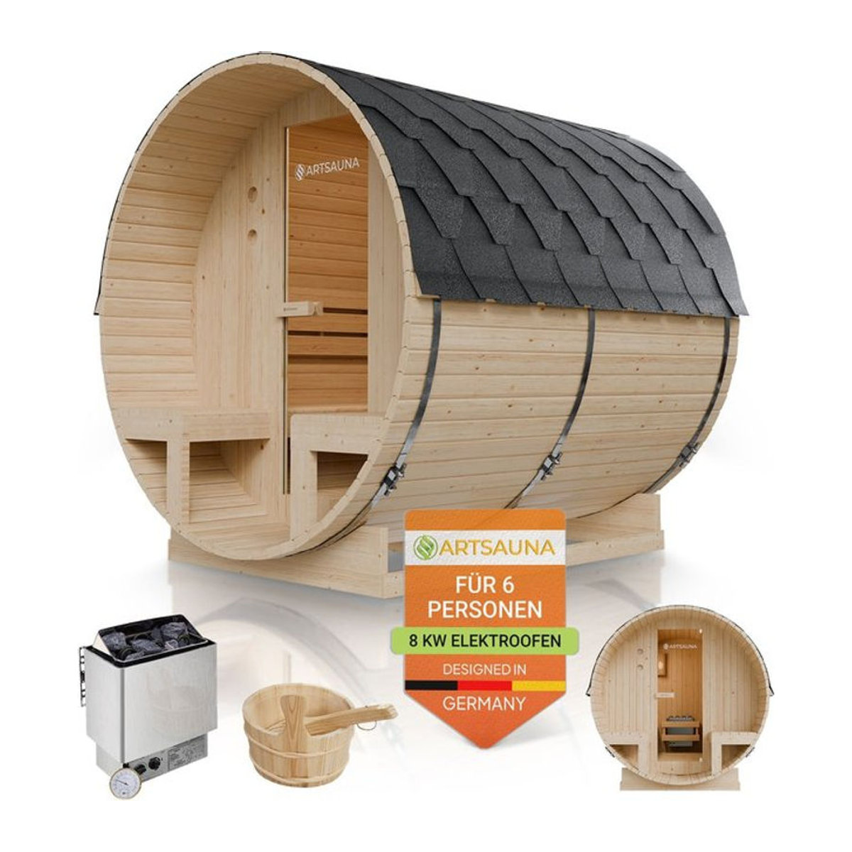 Artsauna Fasssauna Spitzbergen 220 aus Fichtenholz für 6 Personen mit 8 kW Ofen und zwei Bänken in Natur - Bild 1
